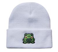 THINCAN Winter Hat, Cute Cartoon Beanie Hat for Adults Knitted Cap Warm Ski Hats with for Frog Patte White