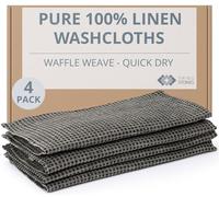 Thing Stories 100% Flax Linen Washcloths - 4-Pack 10x10-inch Reusable Waffle Washcloths - Make up Removers Face Cloth - Black-Natural Waffle Weave Wash Cloths - Small Face Towels for Women