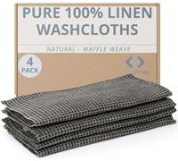 Thing Stories 100% Flax Linen Washcloths - 4-Pack 10x10-inch Reusable Waffle Washcloths - Make up Removers Face Cloth - Black-Natural Waffle Weave Wash Cloths - Small Face Towels for Women