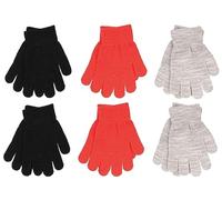 Thingimijigs Boys 6 Pack Magic Stretch Gloves - Warm Knitted Winter Gloves with Ribbed Cuffs - Black, Grey, Orange