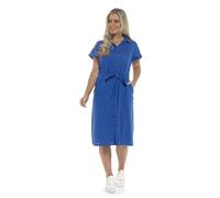 Thingimijigs Ladies Linen Midi Dress Button-Through Short-Sleeved Casual Summer Frock - Bright Blue UK 16