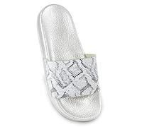 Thingimijigs Ladies Python Snake Print Glittery Pool Sliders Flip Flops Beach Sandals - Silver UK 3