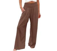 Things for 2 Pound Linen Trousers for Women UK Solid Summer Pants Elastic High Wasit Palazzo Pants Ladies Wide Leg Long Lounge Pants Loose Casual Trousers 3 Pound Items Coffee