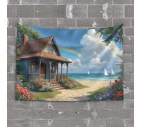 Things for Boys Room A Cozy Beach House with Vibrant Flowers and A Rainbow in The Sky Tapestry Tapestries Room Decor Funny Kitchen Decor(100X150CM)