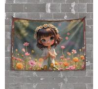 Things for Boys Room Flower Crown Girl in A Field of Colorful Blooms Tapestry Room Decor Aesthetic Bar for Man Cave(75X100CM)