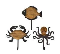 Things2Die4 Decorative Wall Hooks Set of 3, Nautical Fish Crab Octopus Wall-Mounted Hooks, Wood and Metal in Brown and Black Matte Finish, 8 Inch Coastal Decor