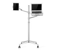 Thingy Club New Mobile RollingTablet and Laptop Mount 2-in-1 Height Adjustable Dual Arm Floor Holder for Tablet Arm 4-13'' Tablet & Phone, Extra Tray Fits 12 to 17 inch Laptops (Silver)