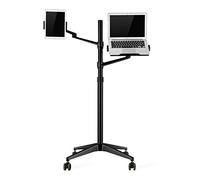 Thingy Club New Mobile RollingTablet and Laptop Mount 2-in-1 Height Adjustable Dual Arm Floor Holder for Tablet Arm 4-13'' Tablet & Phone, Extra Tray Fits 12 to 17 inch Laptops (Black)