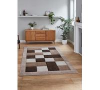 Beige Modern Bordered Chequered Geometric Rug For Dining Room-120Cm X 170Cm