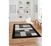 Black Grey Modern Geometric Bordered Chequered Rug For Living Room Bedroom And Dining Room-60Cm X 120Cm