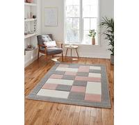 Grey Rose Polypropylene Modern Chequered Geometric Bordered Rug For Living Room Bedroom And Dining Room-120Cm X 170Cm