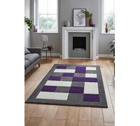 Grey Purple Modern Easy To Clean Bordered Chequered Geometric Rug For Dining Room-120Cm X 170Cm