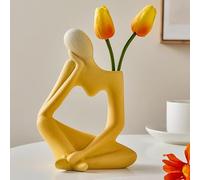 Thinker Vase Statue, Abstract Figure Flower Pot - Modern Arts Decorative Vase, Nordic Thinker for Home Office Table Shelf Decoration (Yellow)