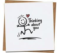 Thinking About You Greeting Card - Cute Stick Figure with Heart, 145mm x 145mm Square Card with Kraft Envelope - Support, Miss You, Get Well, Friendship Card