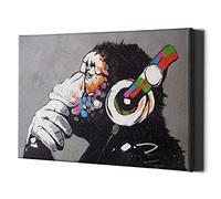 Thinking Monkey Headphones Canvas Wall Art Print - Banksy Dj Gorilla Thinker Nursery Large Framed Decor Music Funny Street Graffiti Bedroom