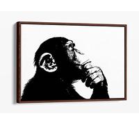 Thinking Monkey Stencil Style, Black and White Canvas Floater Frame Print Picture Art - Walnut Frame 12 inch wide x 8 inch high