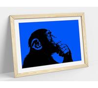 Thinking Monkey Stencil Style, Dark Blue Framed Wall Art Print Picture - A2 - Light Oak Frame