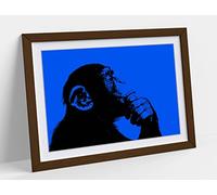 Thinking Monkey Stencil Style, Dark Blue Framed Wall Art Print Picture - A2 - Walnut Frame