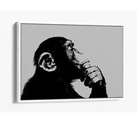 Thinking Monkey Stencil Style, Grey Canvas Floater Frame Print Picture Art - White Frame 18 inch wide x 12 inch high