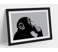 Thinking Monkey Stencil Style, Grey Framed Wall Art Print Picture - A1 - Black Frame