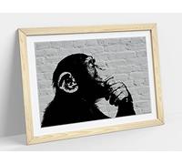 Thinking Monkey Stencil Style, Grey Wall Framed Wall Art Print Picture - A2 - Light Oak Frame