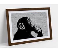 Thinking Monkey Stencil Style, Grey Wall Framed Wall Art Print Picture - A2 - Walnut Frame