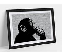 Thinking Monkey Stencil Style, Grey Wall Framed Wall Art Print Picture - A4 - Black Frame