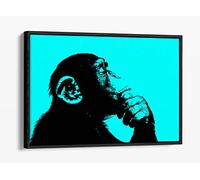 Thinking Monkey Stencil Style, Light Blue Canvas Floater Frame Print Picture Art - Black Frame 12 inch wide x 8 inch high