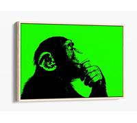 Thinking Monkey Stencil Style, Neon Green Canvas Floater Frame Print Picture Art - Light Oak Frame 36 inch wide x 24 inch high