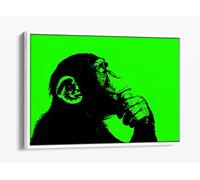 Thinking Monkey Stencil Style, Neon Green Canvas Floater Frame Print Picture Art - White Frame 12 inch wide x 8 inch high