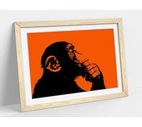 Thinking Monkey Stencil Style, Orange Framed Wall Art Print Picture - A1 - Light Oak Frame
