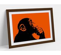 Thinking Monkey Stencil Style, Orange Framed Wall Art Print Picture - A2 - Walnut Frame