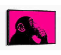 Thinking Monkey Stencil Style, Pink Canvas Floater Frame Print Picture Art - Black Frame 36 inch wide x 24 inch high