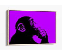 Thinking Monkey Stencil Style, Purple Canvas Floater Frame Print Picture Art - Light Oak Frame 18 inch wide x 12 inch high