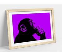 Thinking Monkey Stencil Style, Purple Framed Wall Art Print Picture - A2 - Light Oak Frame