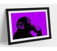 Thinking Monkey Stencil Style, Purple Framed Wall Art Print Picture - A3 - Black Frame