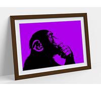 Thinking Monkey Stencil Style, Purple Framed Wall Art Print Picture - A4 - Walnut Frame