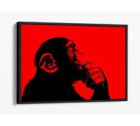 Thinking Monkey Stencil Style, Red Canvas Floater Frame Print Picture Art - Black Frame 18 inch wide x 12 inch high