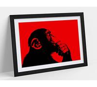 Thinking Monkey Stencil Style, Red Framed Wall Art Print Picture - A1 - Black Frame