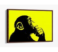 Thinking Monkey Stencil Style, Yellow Canvas Floater Frame Print Picture Art - Walnut Frame 36 inch wide x 24 inch high