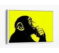 Thinking Monkey Stencil Style, Yellow Canvas Floater Frame Print Picture Art - White Frame 24 inch wide x 16 inch high