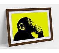 Thinking Monkey Stencil Style, Yellow Framed Wall Art Print Picture - A2 - Walnut Frame