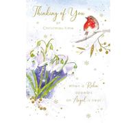 Thinking of You at Christmas - Robin and Snowdrop Sympathy Christmas Card - Heartfelt Memorial Card with Gold Foil Detailing