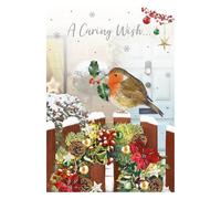 Thinking of You Christmas Card - A Caring Wish - Robin and Festive Wreath - Artistic Design - Special Finish - Made in the UK - Eco-Friendly