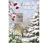 Thinking of You Christmas Card - Church, Snowdrops and Christmas Tree - Artistic Design - Made in the UK - Eco-Friendly
