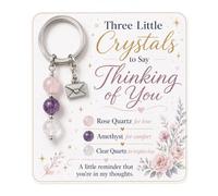 Thinking of You Crystal Keyring Gift with Three Meaningful Beads and Envelope Charm, Rose Quartz, Amethyst and Clear Quartz Keepsake on Floral Message Card for Friend, Family, Support or Bereavement