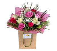Thinking of You Fresh Cut Flowers Bouquet, Arrangement White - Red - Pink - Roses and Baby's Breath For birthday, anniversary, Mum Gift, Festive celebration.