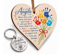 Thinking of You Gifts, Wooden Hanging Heart Plaque & Keyring, Here For You | Printed with their name, 30mm engraved steel key companion, Comforting quote for tough times, Handmade 10x10cm keepsake gift