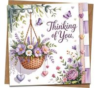 Thinking of You Greeting Card, Floral Basket & Butterflies, 145mm x 145mm Square, Includes Kraft Envelope - Sympathy, Get Well, Encouragement, Support for Friend, Her or Him