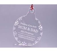 Thinking Of You This Christmas - Acrylic bauble shape tree decoration, snowflake design, remember a loved family member, Xmas Hanging Decoration UV Printed (Mum & Dad)